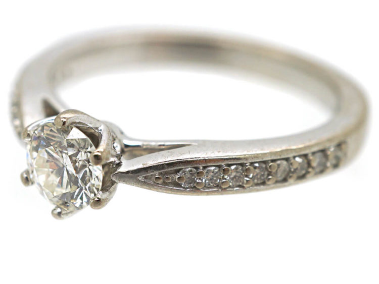 18ct White Gold Solitaire Diamond Ring with diamond Set Shoulders