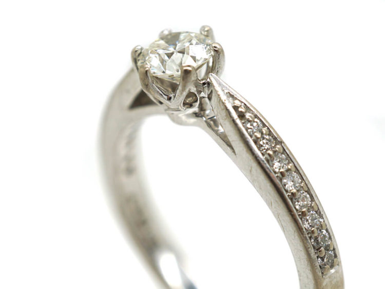 18ct White Gold Solitaire Diamond Ring with diamond Set Shoulders