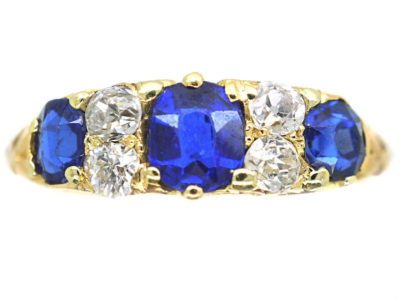 Edwardian 18ct Gold, Sapphire & Diamond Three Stone Carved Half Hoop Ring