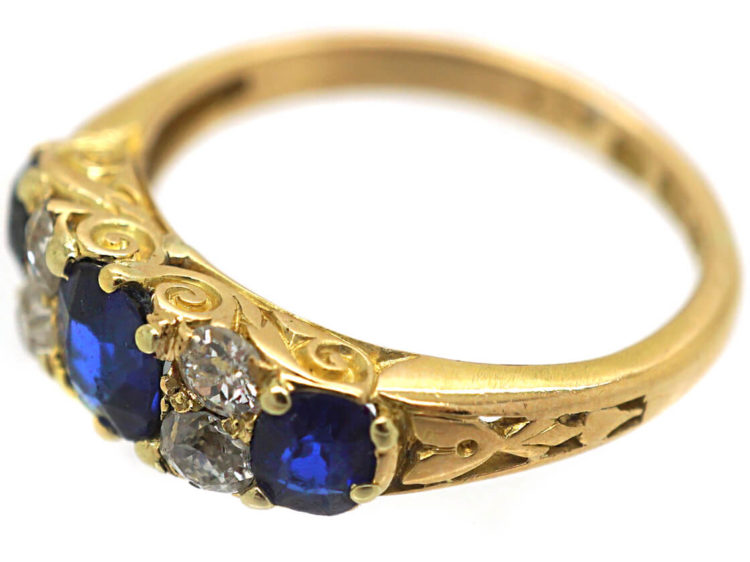 Edwardian 18ct Gold, Sapphire & Diamond Three Stone Carved Half Hoop Ring