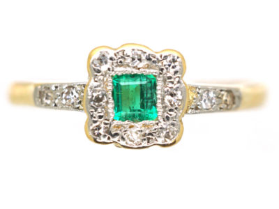 Edwardian 18ct Gold & Platinum, Emerald & Diamond Geometric Ring