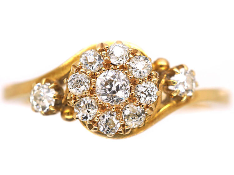 Edwardian 18ct Gold & Diamond Cluster Ring with Diamond Shoulders