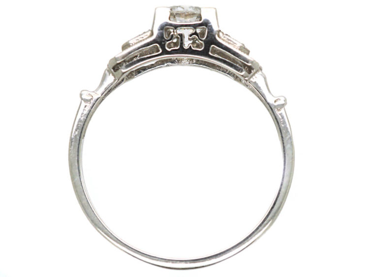 Art Deco 18ct White Gold Solitaire Diamond Ring with Step Cut Design Shoulders