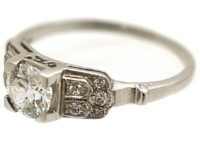 Art Deco 18ct White Gold Solitaire Diamond Ring with Step Cut Design Shoulders