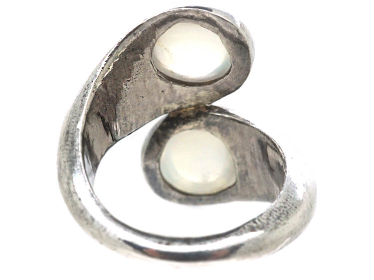 Silver Crossover Design Ring set with Two Moonstones