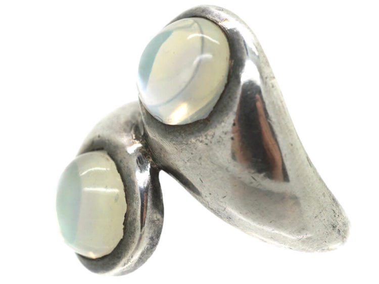 Silver Crossover Design Ring set with Two Moonstones