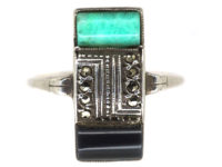 Art Deco Silver, Gold Onyx Marcasite & Amazonite Rectangular Ring