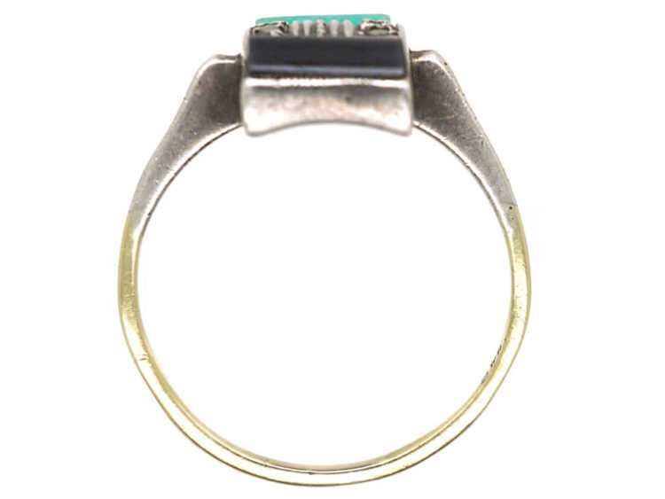 Art Deco Silver, Gold Onyx Marcasite & Amazonite Rectangular Ring