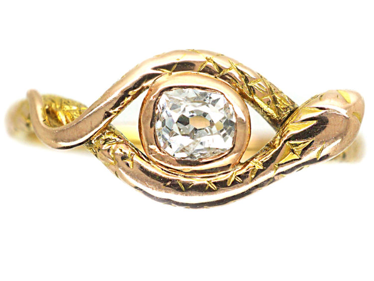 18ct Gold Snake Ring set with an Old Mine Cut Diamond