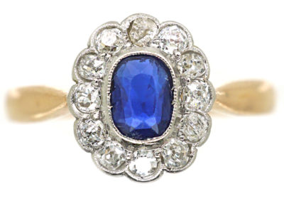 Edwardian 18ct Gold & Platinum, Sapphire & Diamond Oval Cluster Ring