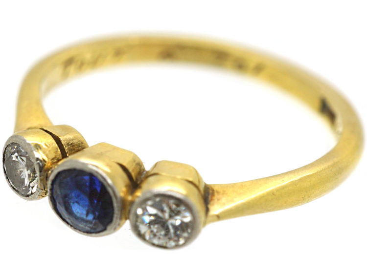 Art Deco 18ct Gold & Platinum, Three Stone Diamond & Sapphire Ring