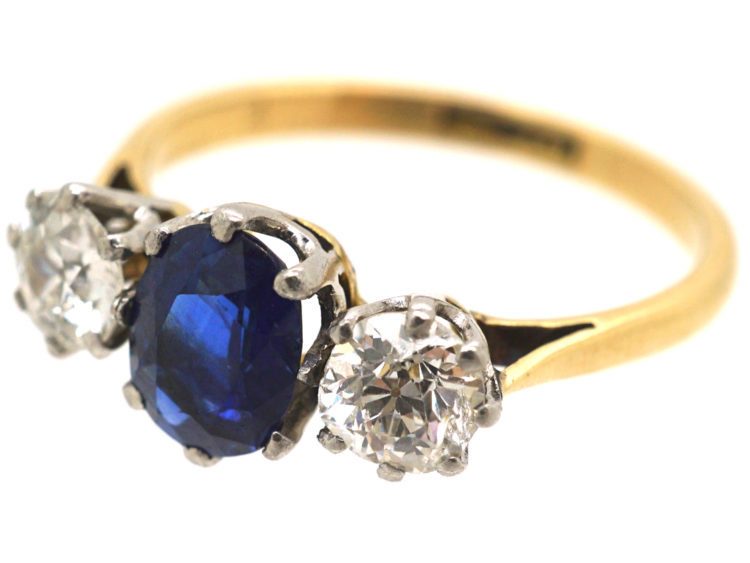 Art Deco 18ct Gold and Platinum, Sapphire & Diamond Three Stone Ring