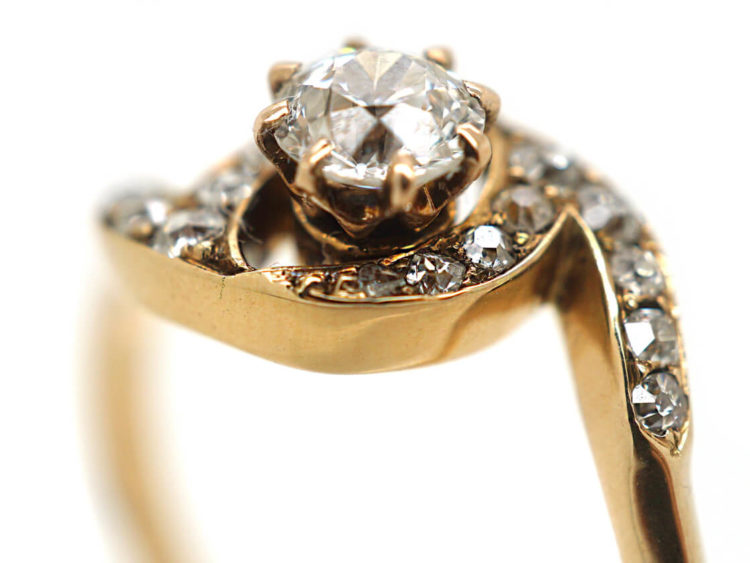 Art Nouveau 18ct Gold, Diamond Solitaire Twist Ring