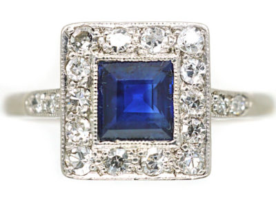 Art Deco 18ct Gold, Platinum Sapphire & Diamond Square Ring