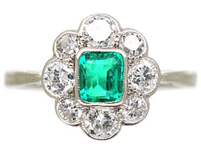 Art Deco Platinum & 18ct White Gold, Emerald & Diamond Cluster Ring