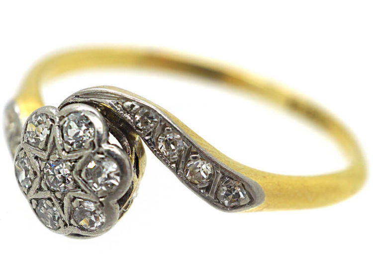 Edwardian 18ct Gold & Platinum Crossover Diamond Cluster Ring