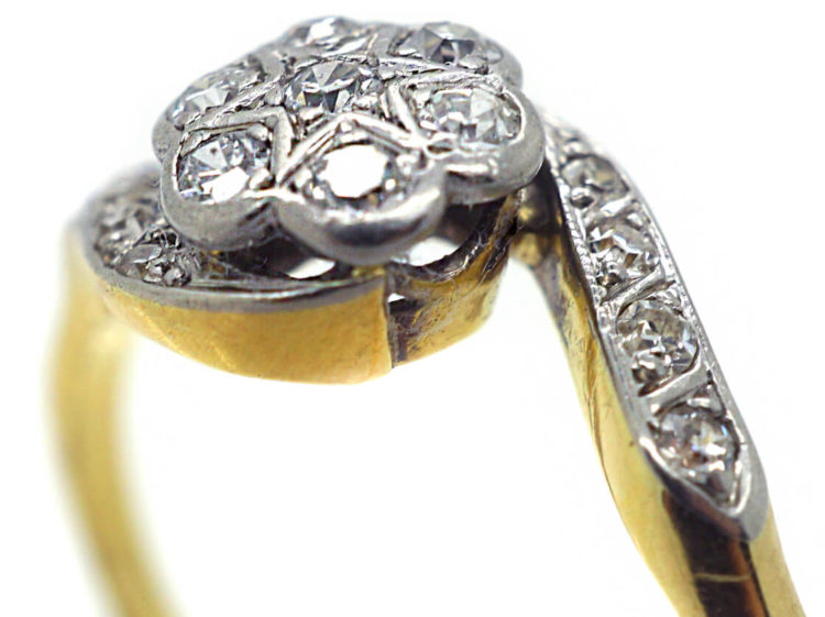 Edwardian 18ct Gold & Platinum Crossover Diamond Cluster Ring