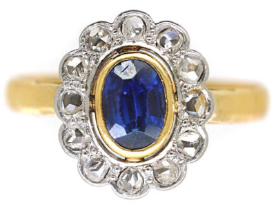 Edwardian 18ct Gold & Platinum, Sapphire & Rose Diamond Oval Cluster Ring