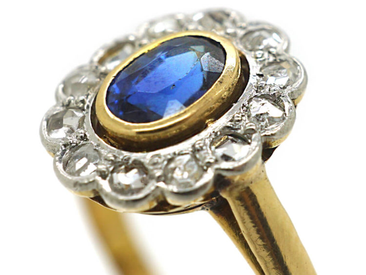 Edwardian 18ct Gold & Platinum, Sapphire & Rose Diamond Oval Cluster Ring