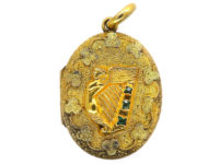 Victorian Irish Two Colour 15ct Gold Oval Locket with a Harp & Shamrocks