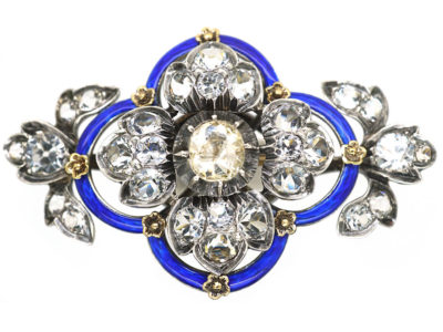 Victorian Silver, Blue Enamel & Paste Flower Brooch