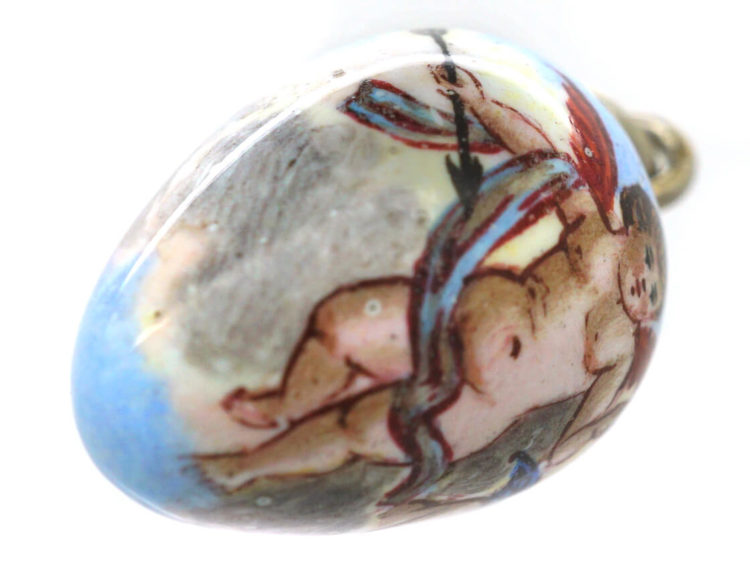 Edwardian Silver & Enamel Cupid Egg Shaped Pendant