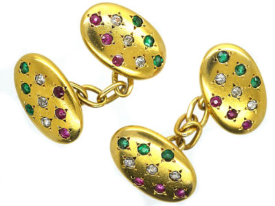 Belle Epoque 18ct Gold, Ruby, Diamond & Emerald Oval Cufflinks