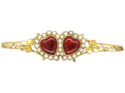 Edwardian 15ct Gold, Red Enamel & Natural Split Pearl Double Heart Bangle