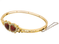 Edwardian 15ct Gold, Red Enamel & Natural Split Pearl Double Heart Bangle