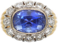 14ct Gold Large Oval Sapphire & Diamond Cluster Ring