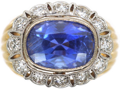 14ct Gold Large Oval Sapphire & Diamond Cluster Ring