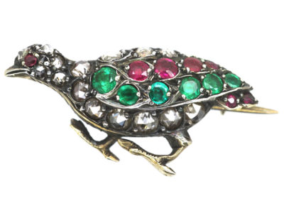 Victorian Brooch of a Grouse set with Rose Diamonds, Rubies & Emeralds