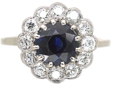 Edwardian Platinum, Sapphire & Diamond Cluster Ring