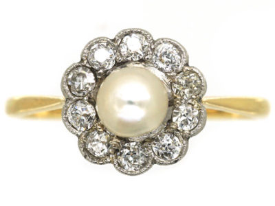 Edwardian 18ct Gold, Natural Pearl & Diamond Cluster Ring