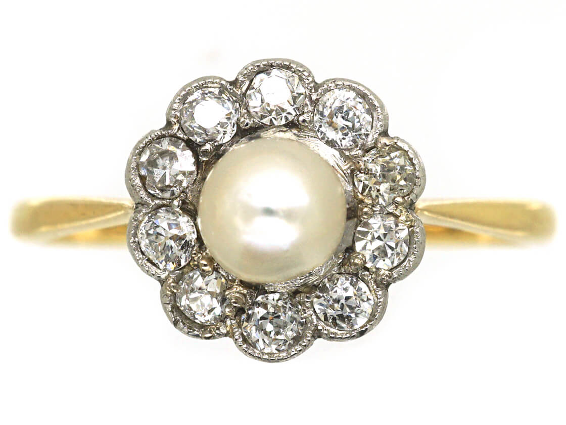 Edwardian 18ct Gold, Natural Pearl & Diamond Cluster Ring (535M) | The ...
