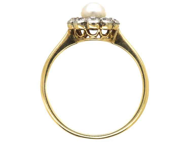 Edwardian 18ct Gold, Natural Pearl & Diamond Cluster Ring