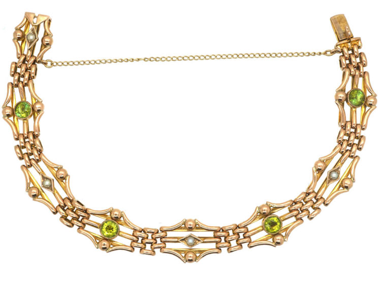 Edwardian 9ct Gold Peridot & Natural Split Pearl Bracelet