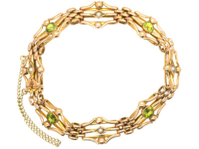 Edwardian 9ct Gold Peridot & Natural Split Pearl Bracelet