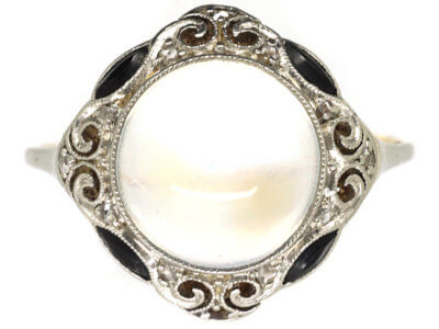 Art Deco 18ct Gold & Platinum, Onyx, Rose Diamond & Moonstone Ring