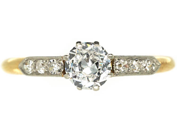 Edwardian 18ct Gold & Platinum Diamond Solitaire Ring with Diamond Set Shoulders