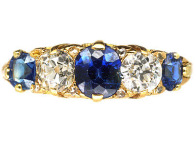 Victorian 18ct Gold, Five Stone Sapphire & Diamond Carved Half Hoop Ring