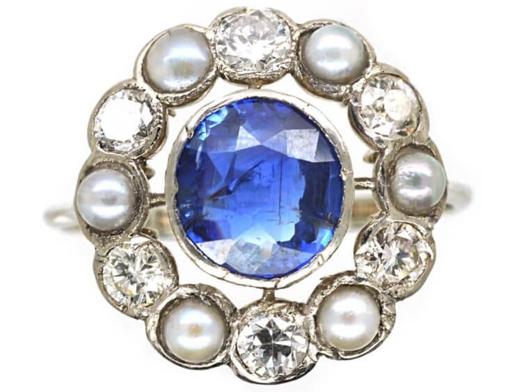 Edwardian 18ct Gold & Platinum, Sapphire, Natural Split Pearl & Diamond Cluster Ring