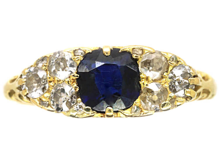 Edwardian 18ct Gold Carved Half Hoop Sapphire & Diamond Ring