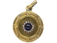 Art Deco 14ct Gold, Cabochon Sapphire & Rose Diamonds Round Locket