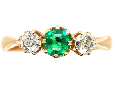 Edwardian 14ct Gold, Three Stone Diamond & Emerald Ring