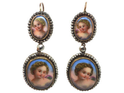 Victorian Cut Steel & Porcelain Cherub Drop Earrings