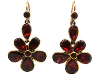 Edwardian Gold & Flat Cut Garnet Pansy Earrings