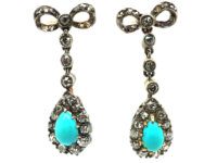 Edwardian 15ct Gold, Turquoise & Diamond Drop Earrings with Bow Tops