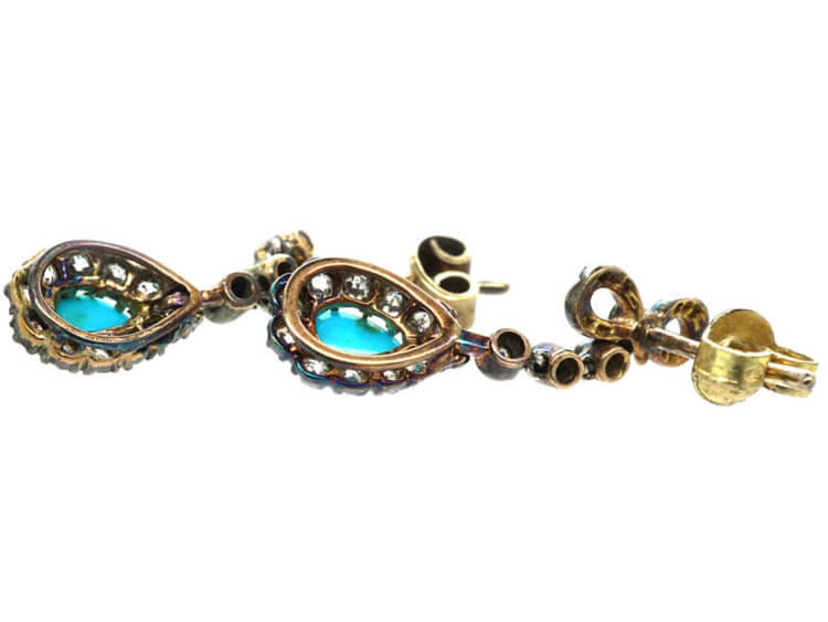 Edwardian 15ct Gold, Turquoise & Diamond Drop Earrings with Bow Tops