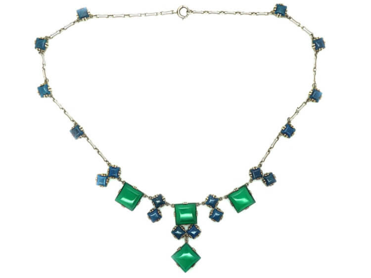Art Deco Silver & Blue & Green Chalcedony Necklace